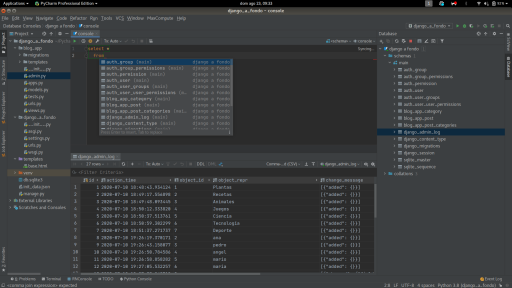 Version de Pycharm Professional para bases de datos